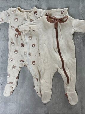 Owlivia Organic Cotton - Cream & Brown Bear Footed One-Piece - 2-Pack (newborn)